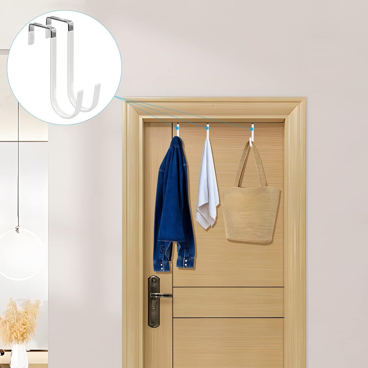Over The Door Hooks, 4 Pack Hangers Hooks with Rubber Prevent Scratches Heavy Duty Organizer for Living Room, Bathroom, Bedroom, Kitchen Hanging Clothes, Towels, Hats, Coats, Bags White