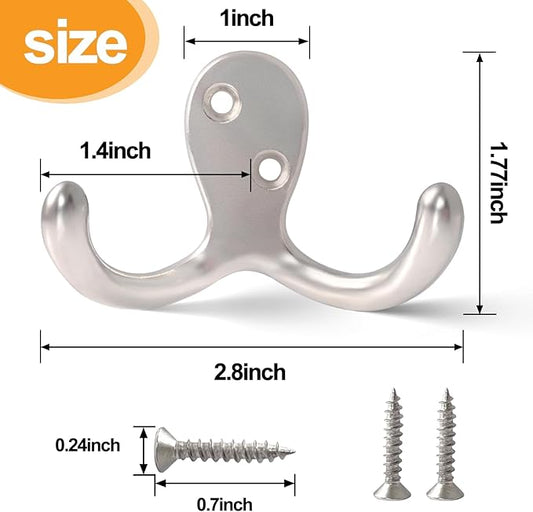 25 Pack Coat Hooks Wall Hooks for Hanging, Heavy Duty Double Prong Metal Hook Wall Mounted for Living Room, Bathroom, Kitchen, Bedroom for Coat, Bag, Scarf, Towel, Hat, Key, Cup (Silver)