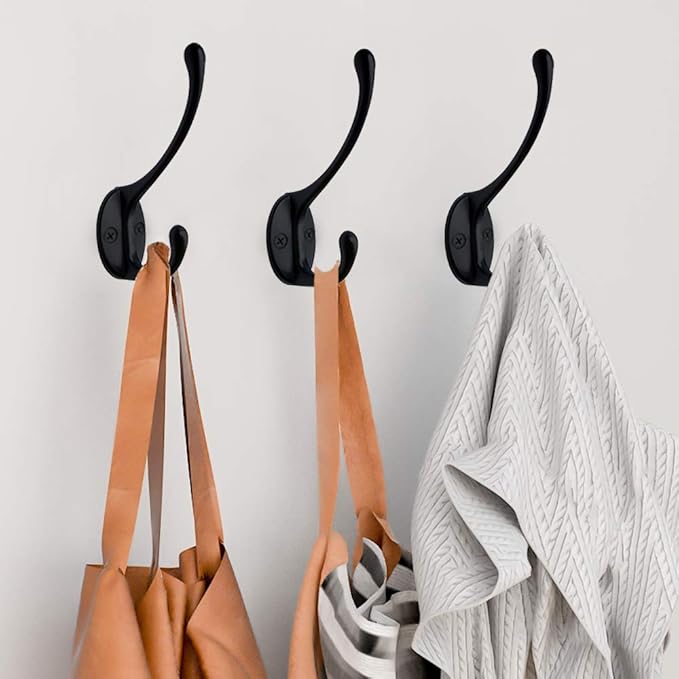 10 Pack Heavy Duty Dual Coat Hooks Wall Mounted with 40 Screws Retro Double Hooks Utility Black No Rust Hooks for Coat, Scarf, Bag, Towel, Key, Cap, Cup, Hat (Black)