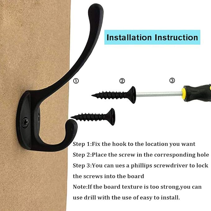10 Pack Heavy Duty Dual Coat Hooks Wall Mounted with 40 Screws Retro Double Hooks Utility Black No Rust Hooks for Coat, Scarf, Bag, Towel, Key, Cap, Cup, Hat (Black)