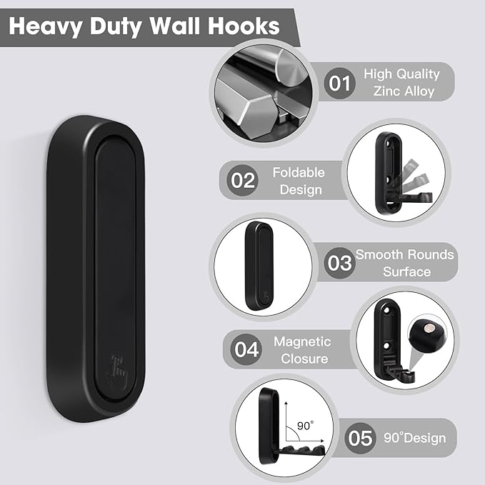 Folding Wall Hooks, 2 Pcs Foldable Black Coat Hooks Heavy Duty Foldable Hook Bathroom Towel Hooks Robe Hooks Wall Mounted for Hanging Coat Towels Clothes Hat Bags Keys
