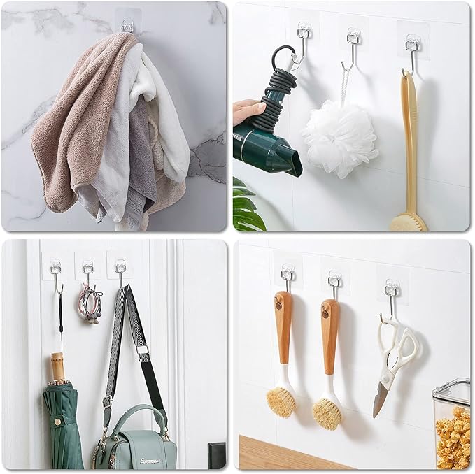 Large Adhesive Hooks, 8-Pack Sticky Hangers for Hanging Heavy Duty 44lbs(Max), Transparent Waterproof Oil-Proof and Rustproof, Towel and Coats Hooks for Bathroom,Kitchen Home and Office