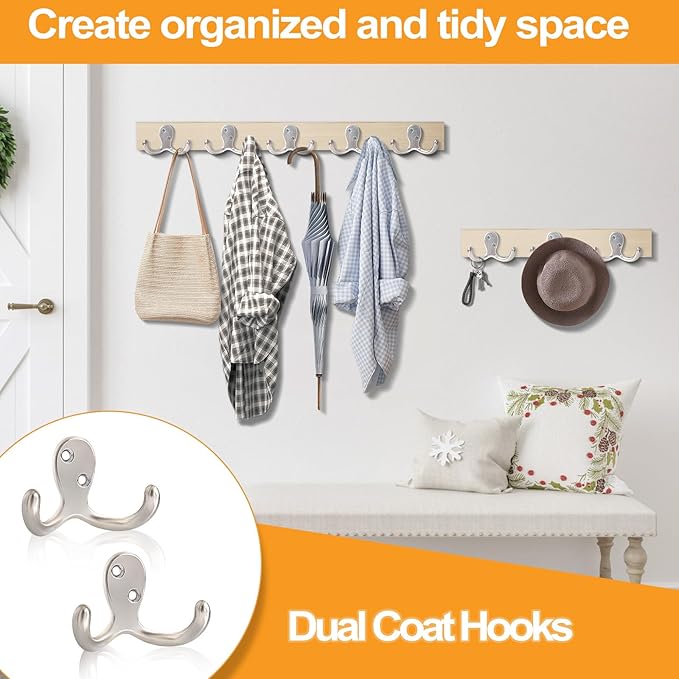 25 Pack Coat Hooks Wall Hooks for Hanging, Heavy Duty Double Prong Metal Hook Wall Mounted for Living Room, Bathroom, Kitchen, Bedroom for Coat, Bag, Scarf, Towel, Hat, Key, Cup (Silver)