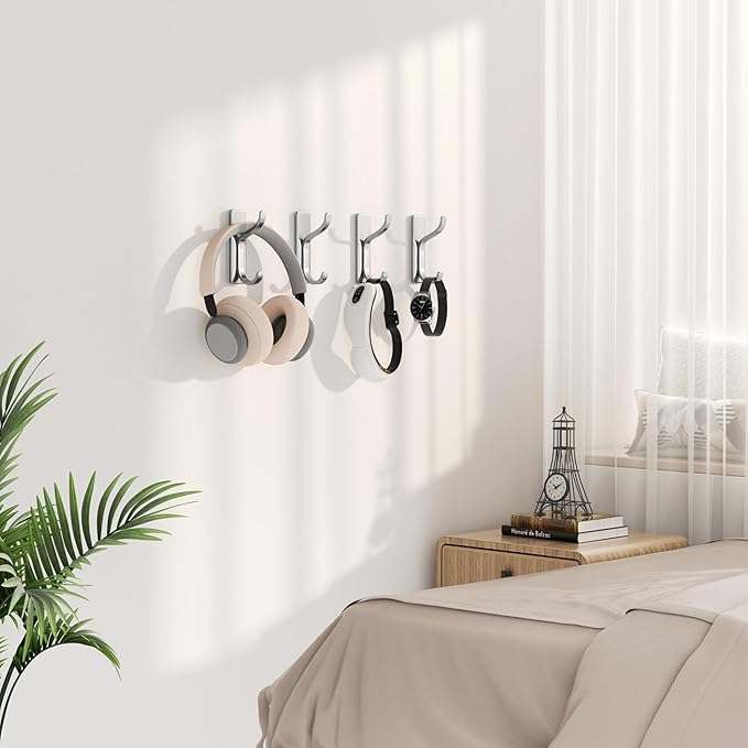 Self Adhesive Wall Hooks for Hanging: Modern Silver Hooks Hold 13 LB, Sticky Wall & Door Hanger for Coat, Shower Towel, Bags, Backpack, Bathroom & Kitchen Utensils, Stainless, Metal, 4 Pack