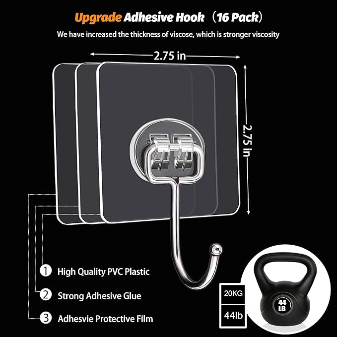 Large Adhesive Hooks, 16-Pack Hold 44lb(Max) Heavy Duty Sticky Hooks, Waterproof Transparent Hooks for Hanging, Self-Adhesive Traceless Clear Wall Hooks to Use for Keys Robe & Towel