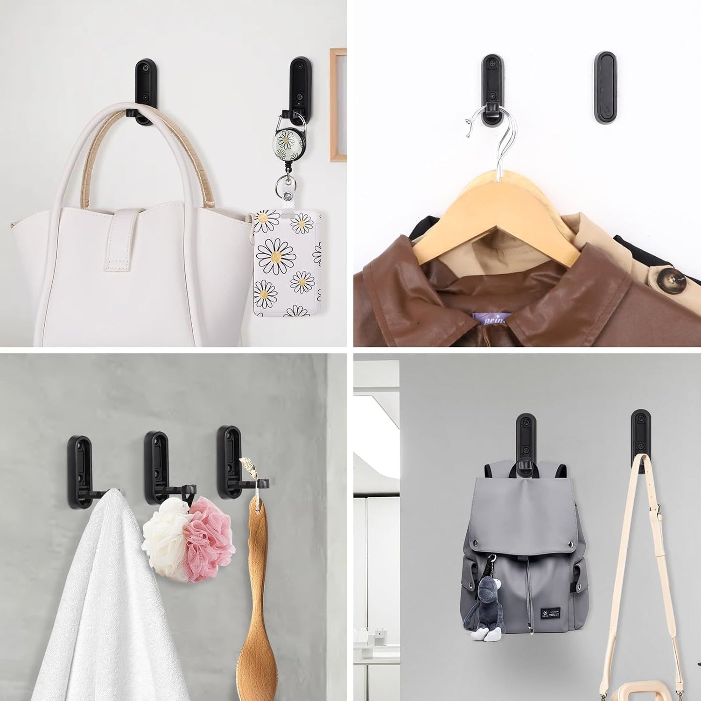Folding Wall Hooks, 2 Pcs Foldable Black Coat Hooks Heavy Duty Foldable Hook Bathroom Towel Hooks Robe Hooks Wall Mounted for Hanging Coat Towels Clothes Hat Bags Keys