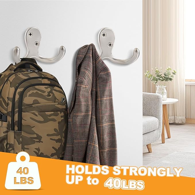 25 Pack Coat Hooks Wall Hooks for Hanging, Heavy Duty Double Prong Metal Hook Wall Mounted for Living Room, Bathroom, Kitchen, Bedroom for Coat, Bag, Scarf, Towel, Hat, Key, Cup (Silver)