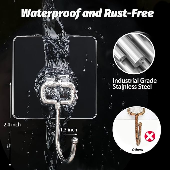 Large Adhesive Hooks, 16-Pack Hold 44lb(Max) Heavy Duty Sticky Hooks, Waterproof Transparent Hooks for Hanging, Self-Adhesive Traceless Clear Wall Hooks to Use for Keys Robe & Towel