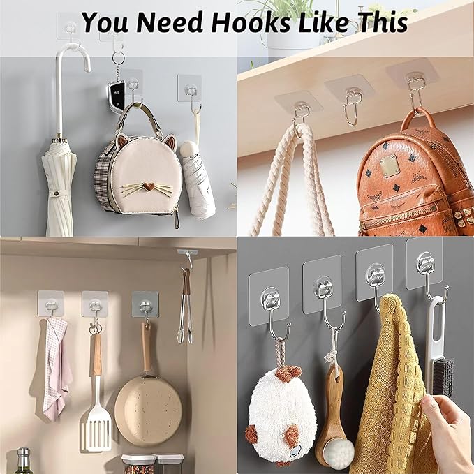 Large Adhesive Hooks, 16-Pack Hold 44lb(Max) Heavy Duty Sticky Hooks, Waterproof Transparent Hooks for Hanging, Self-Adhesive Traceless Clear Wall Hooks to Use for Keys Robe & Towel