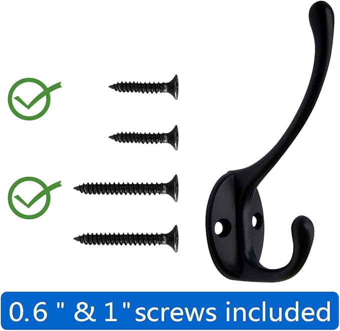 10 Pack Heavy Duty Dual Coat Hooks Wall Mounted with 40 Screws Retro Double Hooks Utility Black No Rust Hooks for Coat, Scarf, Bag, Towel, Key, Cap, Cup, Hat (Black)