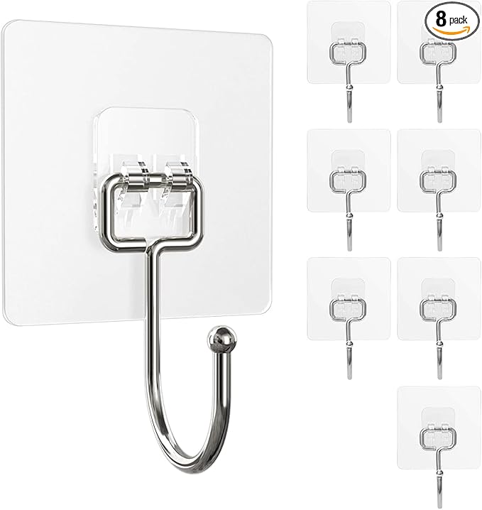 Large Adhesive Hooks, 8-Pack Sticky Hangers for Hanging Heavy Duty 44lbs(Max), Transparent Waterproof Oil-Proof and Rustproof, Towel and Coats Hooks for Bathroom,Kitchen Home and Office