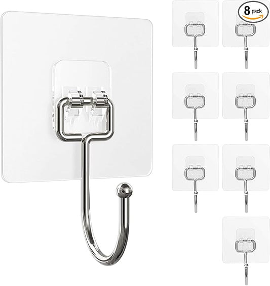 Large Adhesive Hooks, 8-Pack Sticky Hangers for Hanging Heavy Duty 44lbs(Max), Transparent Waterproof Oil-Proof and Rustproof, Towel and Coats Hooks for Bathroom,Kitchen Home and Office