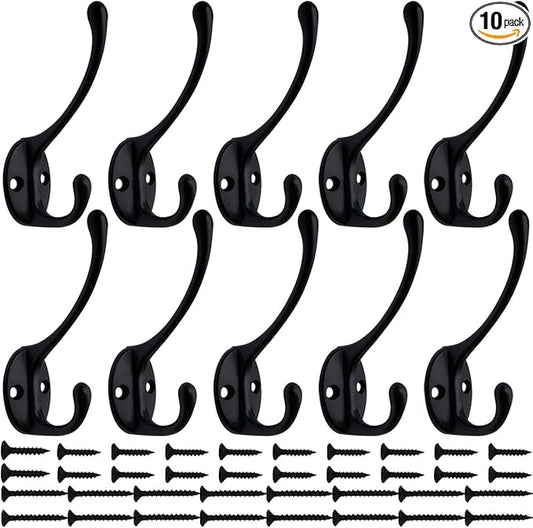 10 Pack Heavy Duty Dual Coat Hooks Wall Mounted with 40 Screws Retro Double Hooks Utility Black No Rust Hooks for Coat, Scarf, Bag, Towel, Key, Cap, Cup, Hat (Black)