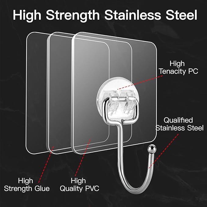 Large Hooks for Hanging Heavy-Duty 44Ib(Max) 10 Packs, Wall Hangers Without Nails Self-Adhesive Traceless Clear and Removable, Waterproof and Rustproof Multiple Uses for Bathroom Kitchen Home