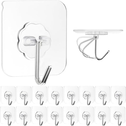 Adhesive Wall Hooks for Hanging, 16 Pack Heavy Duty Self Sticky Hooks 22lb(Max) Stainless, Waterproof Oilproof Utility Hooks for Towel Coat Keys Bathroom Shower Kitchen Wardrobe Outdoor, Clear