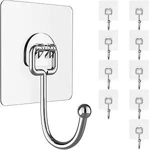 Large Hooks for Hanging Heavy-Duty 44Ib(Max) 10 Packs, Wall Hangers Without Nails Self-Adhesive Traceless Clear and Removable, Waterproof and Rustproof Multiple Uses for Bathroom Kitchen Home