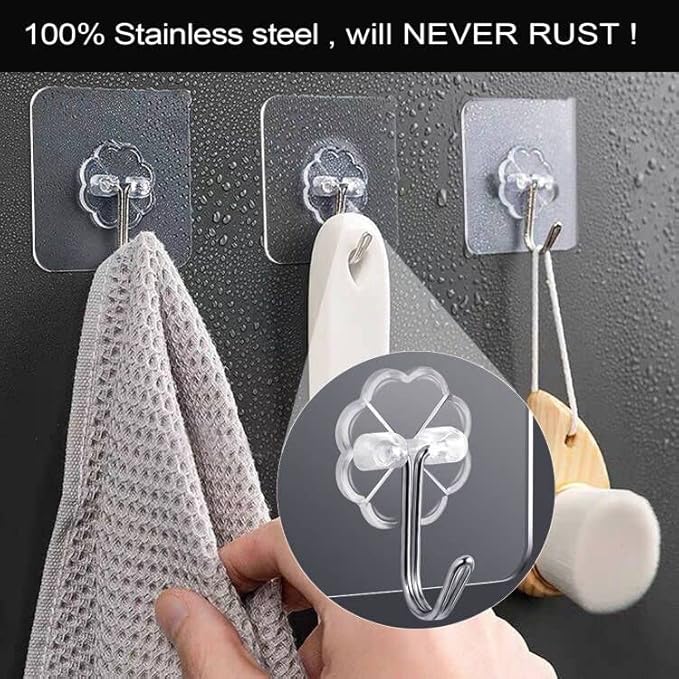 Adhesive Wall Hooks for Hanging, 16 Pack Heavy Duty Self Sticky Hooks 22lb(Max) Stainless, Waterproof Oilproof Utility Hooks for Towel Coat Keys Bathroom Shower Kitchen Wardrobe Outdoor, Clear