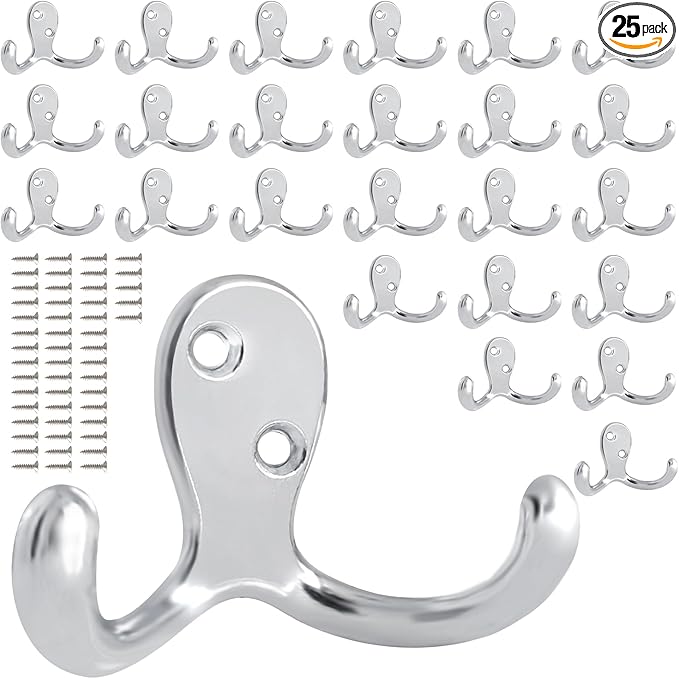 25 Pack Coat Hooks Wall Hooks for Hanging, Heavy Duty Double Prong Metal Hook Wall Mounted for Living Room, Bathroom, Kitchen, Bedroom for Coat, Bag, Scarf, Towel, Hat, Key, Cup (Silver)