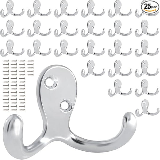 25 Pack Coat Hooks Wall Hooks for Hanging, Heavy Duty Double Prong Metal Hook Wall Mounted for Living Room, Bathroom, Kitchen, Bedroom for Coat, Bag, Scarf, Towel, Hat, Key, Cup (Silver)