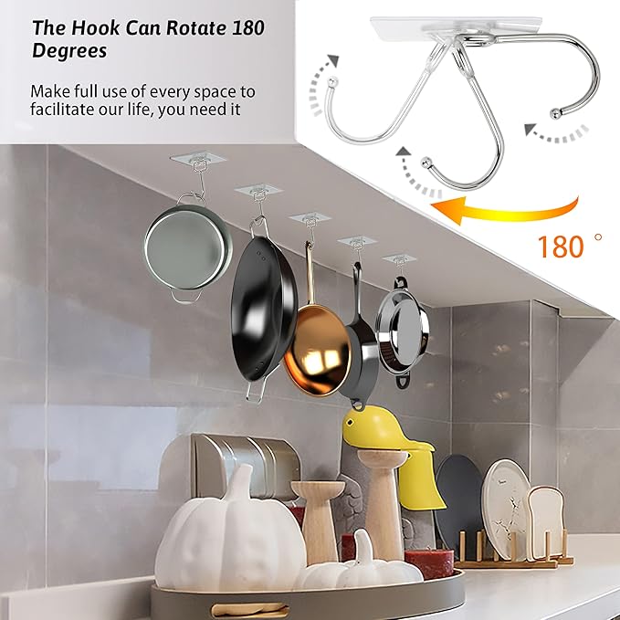 Large Adhesive Hooks, 16-Pack Hold 44lb(Max) Heavy Duty Sticky Hooks, Waterproof Transparent Hooks for Hanging, Self-Adhesive Traceless Clear Wall Hooks to Use for Keys Robe & Towel
