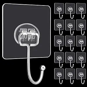 Large Adhesive Hooks, 16-Pack Hold 44lb(Max) Heavy Duty Sticky Hooks, Waterproof Transparent Hooks for Hanging, Self-Adhesive Traceless Clear Wall Hooks to Use for Keys Robe & Towel