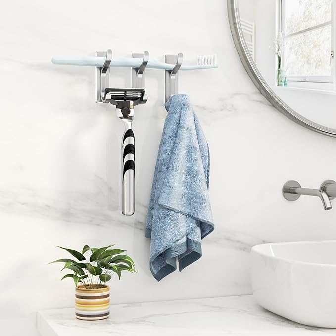 Self Adhesive Wall Hooks for Hanging: Modern Silver Hooks Hold 13 LB, Sticky Wall & Door Hanger for Coat, Shower Towel, Bags, Backpack, Bathroom & Kitchen Utensils, Stainless, Metal, 4 Pack