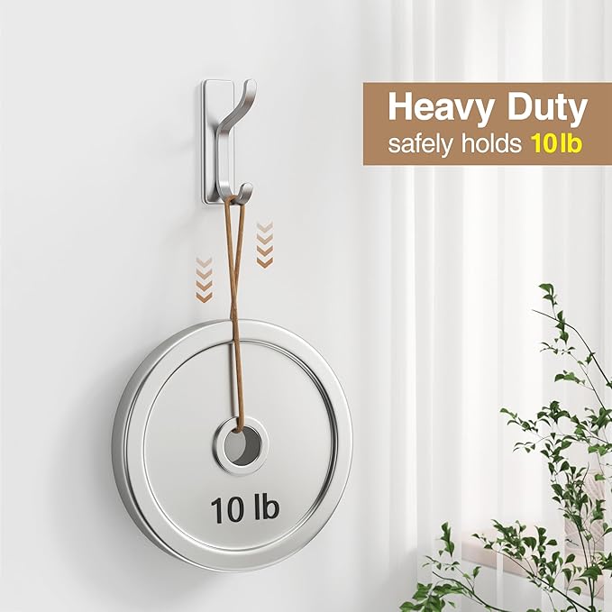 Self Adhesive Wall Hooks for Hanging: Modern Silver Hooks Hold 13 LB, Sticky Wall & Door Hanger for Coat, Shower Towel, Bags, Backpack, Bathroom & Kitchen Utensils, Stainless, Metal, 4 Pack