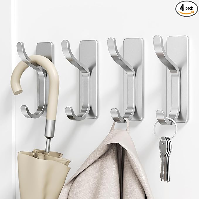Self Adhesive Wall Hooks for Hanging: Modern Silver Hooks Hold 13 LB, Sticky Wall & Door Hanger for Coat, Shower Towel, Bags, Backpack, Bathroom & Kitchen Utensils, Stainless, Metal, 4 Pack