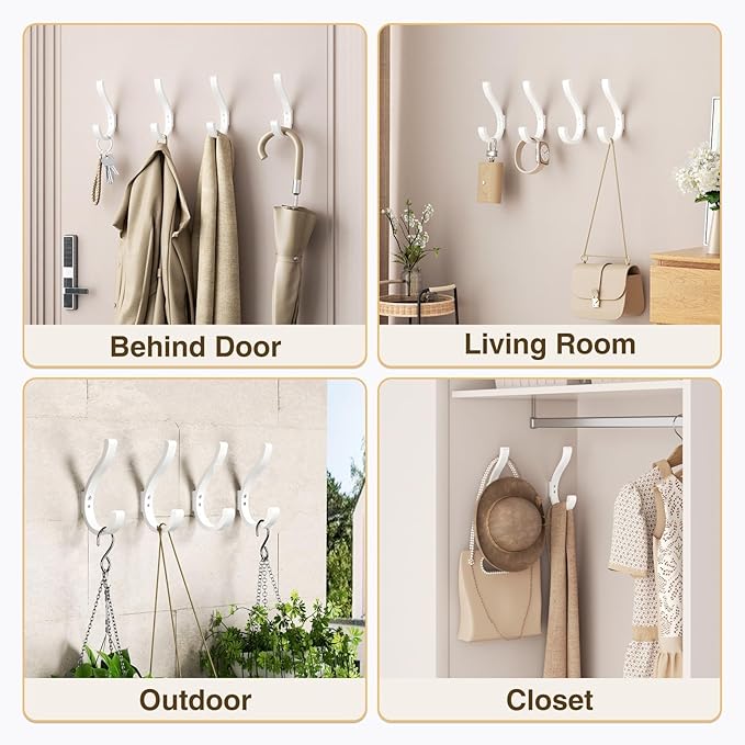 Wall Hooks for Hanging Coat/Backpack - 5.4'' Large 40LBS Heavy Duty Hanger Wall Mount Screw in, for Towel, Closet, Robe, Bag, Outdoor, White 6 Pack