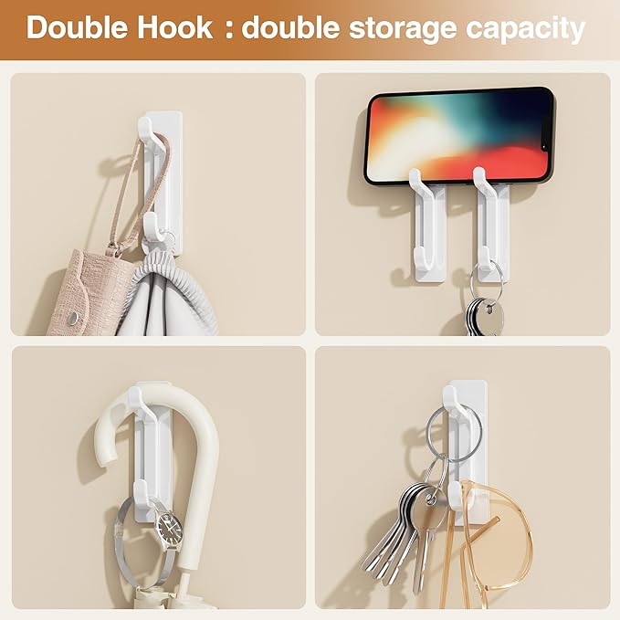Self Adhesive Hooks, Extra Sticky and Strong, Hanging up to 10LB, Heavy Duty Stick on, No-Nail Hook for Back of Door, White 6 Pack