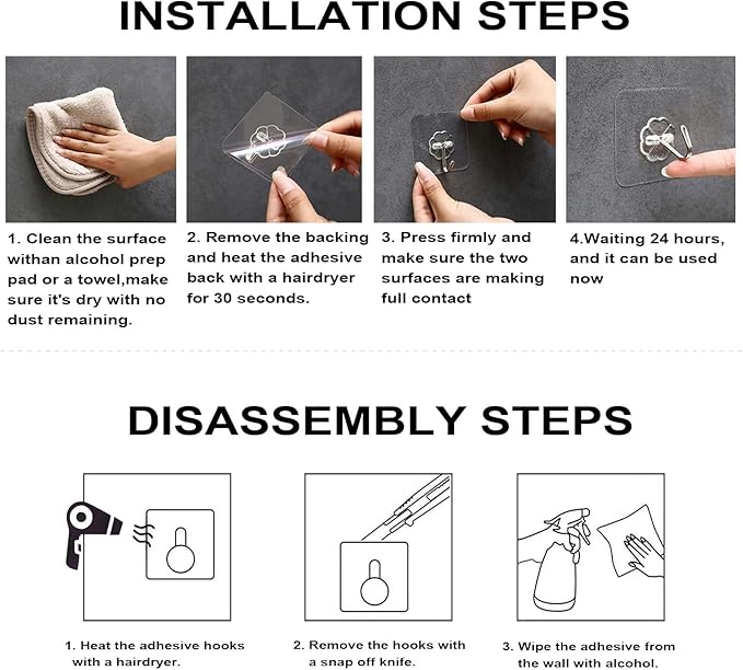 Adhesive Wall Hooks for Hanging, 16 Pack Heavy Duty Self Sticky Hooks 22lb(Max) Stainless, Waterproof Oilproof Utility Hooks for Towel Coat Keys Bathroom Shower Kitchen Wardrobe Outdoor, Clear