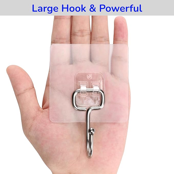 Large Adhesive Hooks, 8-Pack Sticky Hangers for Hanging Heavy Duty 44lbs(Max), Transparent Waterproof Oil-Proof and Rustproof, Towel and Coats Hooks for Bathroom,Kitchen Home and Office