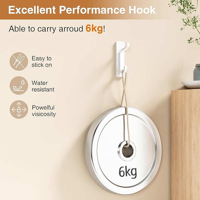 Self Adhesive Hooks, Extra Sticky and Strong, Hanging up to 10LB, Heavy Duty Stick on, No-Nail Hook for Back of Door, White 6 Pack