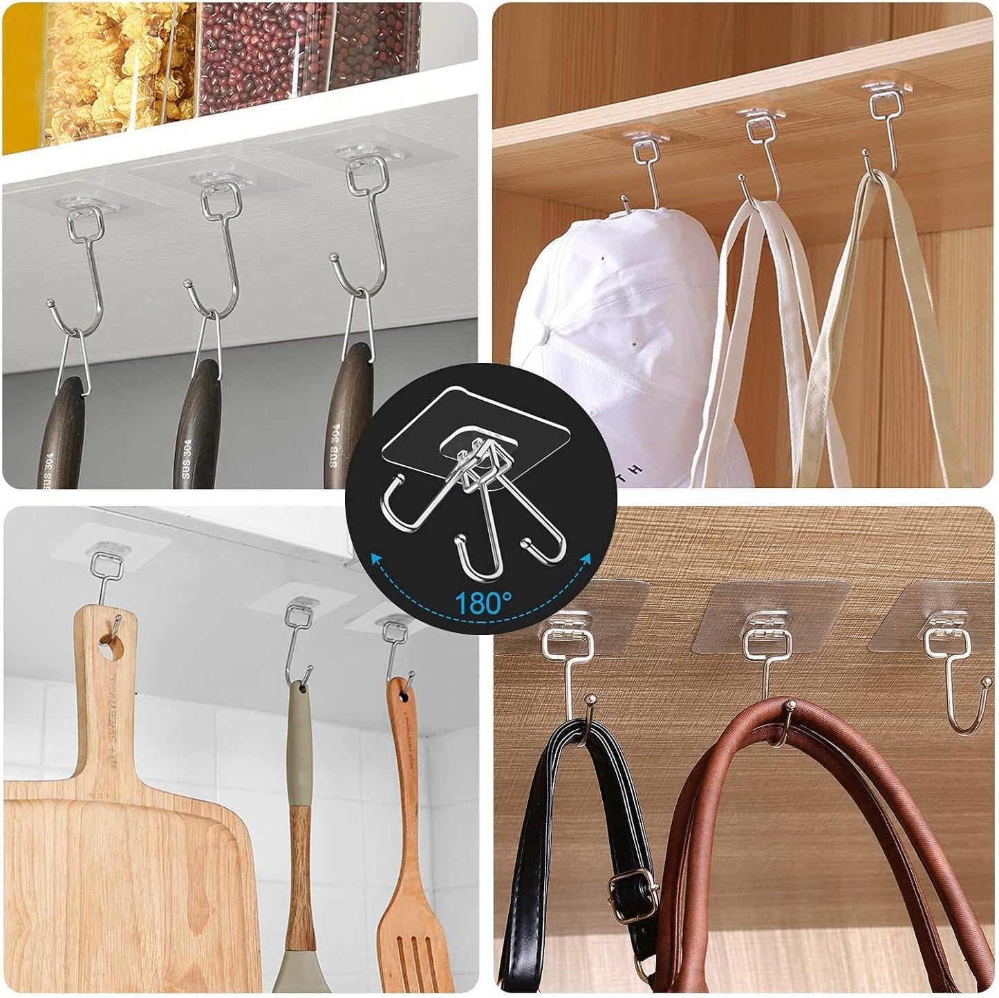 Large Adhesive Hooks, 8-Pack Sticky Hangers for Hanging Heavy Duty 44lbs(Max), Transparent Waterproof Oil-Proof and Rustproof, Towel and Coats Hooks for Bathroom,Kitchen Home and Office
