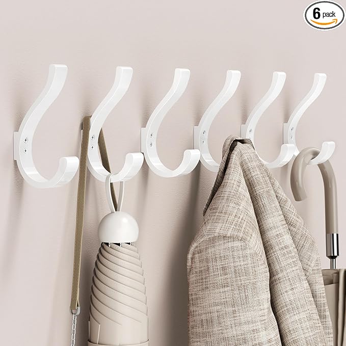 Wall Hooks for Hanging Coat/Backpack - 5.4'' Large 40LBS Heavy Duty Hanger Wall Mount Screw in, for Towel, Closet, Robe, Bag, Outdoor, White 6 Pack