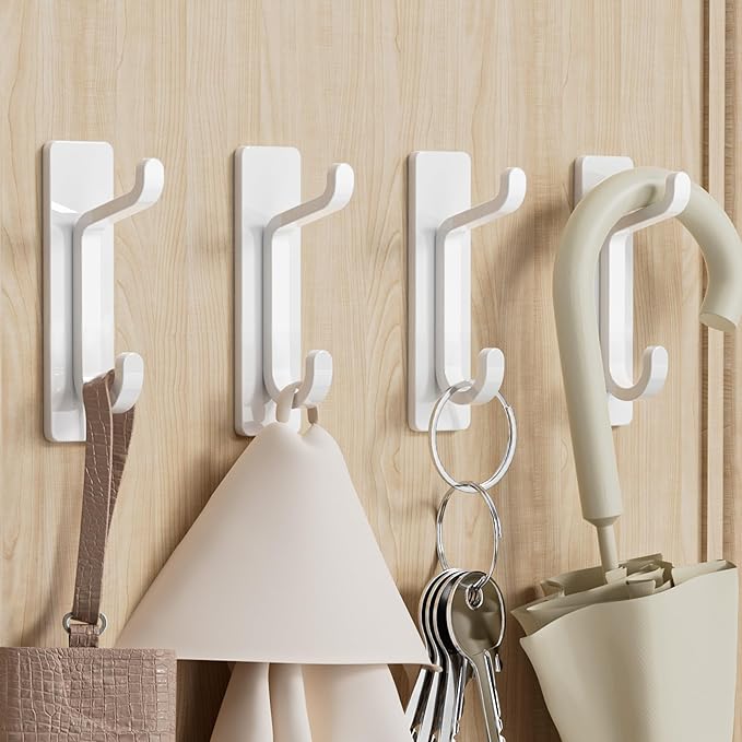 Self Adhesive Hooks, Extra Sticky and Strong, Hanging up to 10LB, Heavy Duty Stick on, No-Nail Hook for Back of Door, White 6 Pack