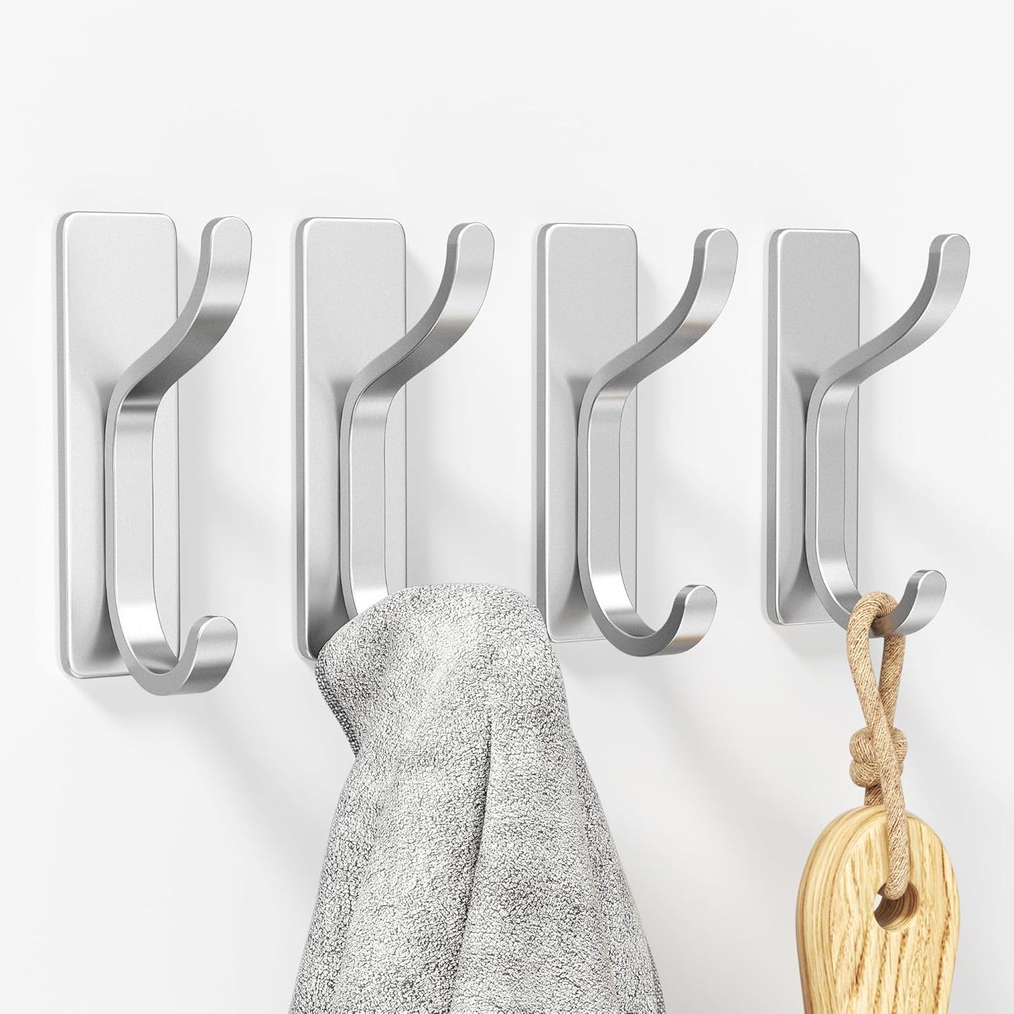Self Adhesive Wall Hooks for Hanging: Modern Silver Hooks Hold 13 LB, Sticky Wall & Door Hanger for Coat, Shower Towel, Bags, Backpack, Bathroom & Kitchen Utensils, Stainless, Metal, 4 Pack
